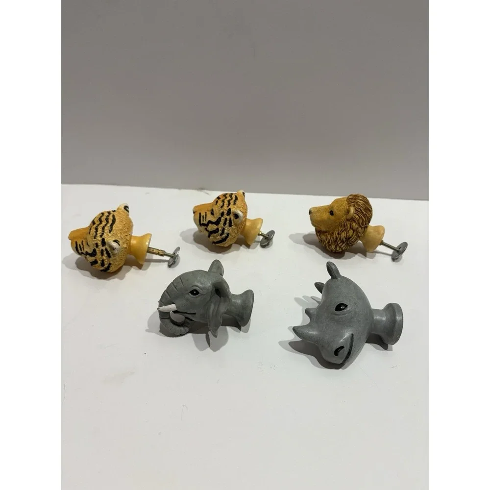 5 Pc Kids Dresser Drawer‎ Pull Handles Serengeti Lion, Tiger, Rhino, Elephant